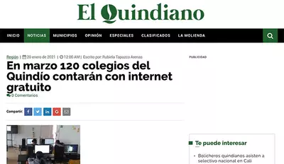 En marzo 120 colegios del Quind&iacute;o contar&aacute;n con internet gratuito