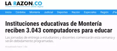 Instituciones educativas de Monter&iacute;a reciben3.043 Computadores para Educar