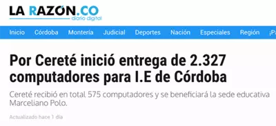 Por Ceret&eacute; inicio entrega de 2.327 computadores para I.E de C&oacute;rdoba