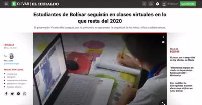 Estudiantes de Bol&iacute;var seguir&aacute;n en clases virtuales en lo que resta del 2020